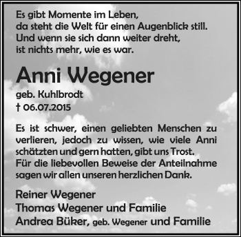 Anzeige  Anni Wegener  Lippische Landes-Zeitung