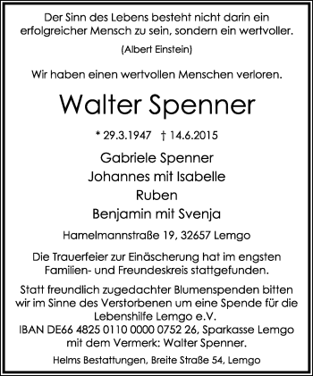 Anzeige  Walter Spenner  Lippische Landes-Zeitung