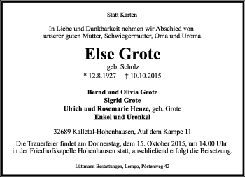 Anzeige  Else Grote  Lippische Landes-Zeitung