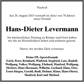 Anzeige  Hans-Dieter Levermann  Lippische Landes-Zeitung