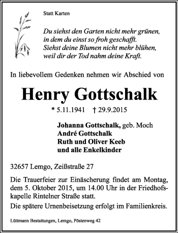 Anzeige  Henry Gottschalk  Lippische Landes-Zeitung