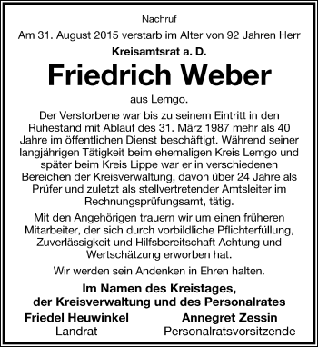 Anzeige  Friedrich Weber  Lippische Landes-Zeitung