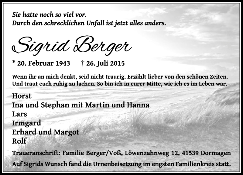  Traueranzeige für Sigrid Berger vom 19.08.2015 aus Lippische Landes-Zeitung