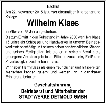Anzeige  Wilhelm Klaes  Lippische Landes-Zeitung