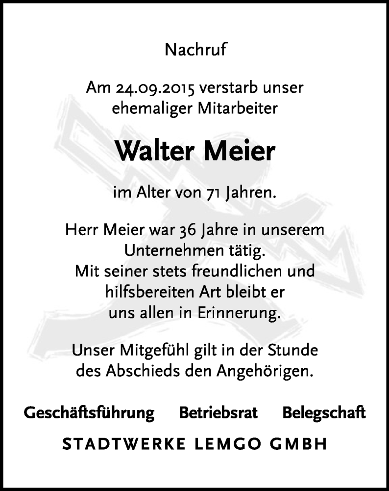  Traueranzeige für Walter Meier vom 29.09.2015 aus Lippische Landes-Zeitung