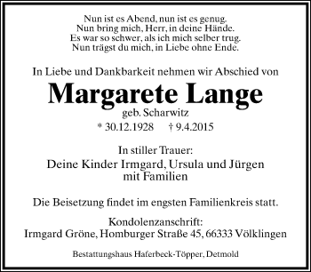 Anzeige  Margarete Lange  Lippische Landes-Zeitung