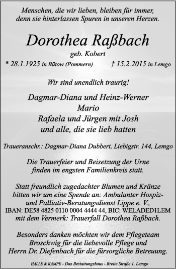 Anzeige  Dorothea Raßbach  Lippische Landes-Zeitung
