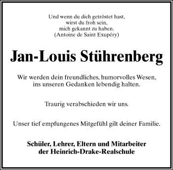 Anzeige  Jan-Louis Stührenberg  Lippische Landes-Zeitung