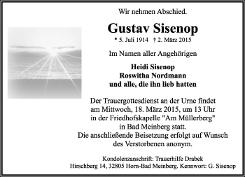 Anzeige  Gustav Sisenop  Lippische Landes-Zeitung