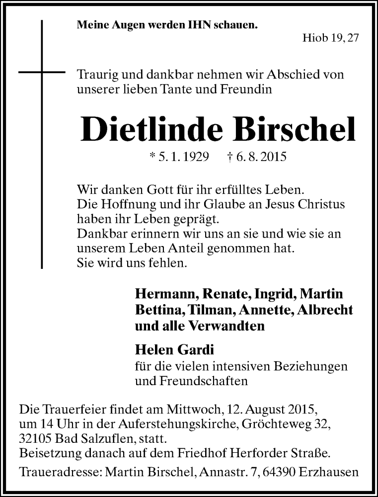  Traueranzeige für Dietlinde Birschel vom 08.08.2015 aus Lippische Landes-Zeitung