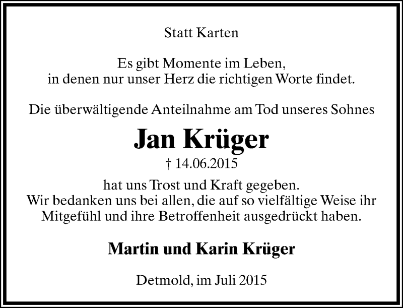  Traueranzeige für Jan Krüger vom 18.07.2015 aus Lippische Landes-Zeitung
