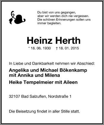 Anzeige  Heinz Herth  Lippische Landes-Zeitung