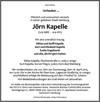 Anzeige  Jörn Kapelle  Lippische Landes-Zeitung