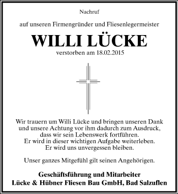 Anzeige  Willi Lücke  Lippische Landes-Zeitung