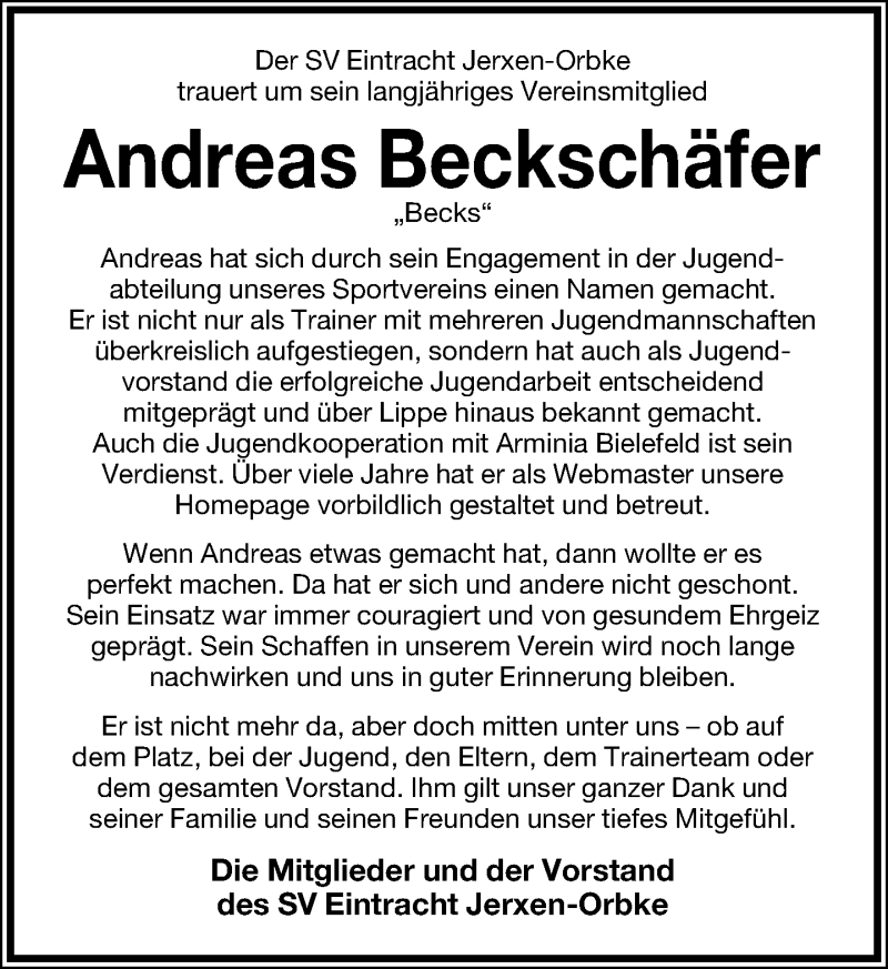 Traueranzeige für Andreas Beckschäfer vom 16.04.2015 aus Lippische Landes-Zeitung