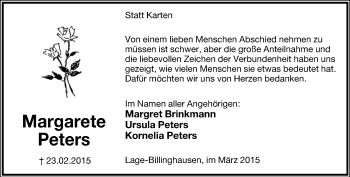 Anzeige  Margarete Peters  Lippische Landes-Zeitung