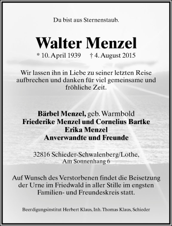 Anzeige  Walter Menzel  Lippische Landes-Zeitung