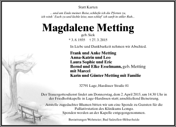 Anzeige  Magdalene Metting  Lippische Landes-Zeitung