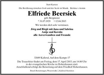 Anzeige  Elfriede Beersiek  Lippische Landes-Zeitung