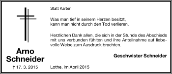 Anzeige  Arno Schneider  Lippische Landes-Zeitung