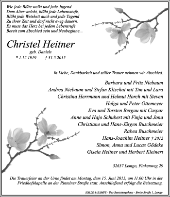Anzeige  Christel Heitner  Lippische Landes-Zeitung