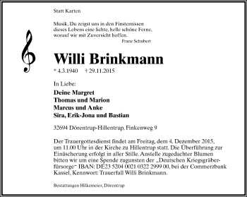 Anzeige  Willi Brinkmann  Lippische Landes-Zeitung