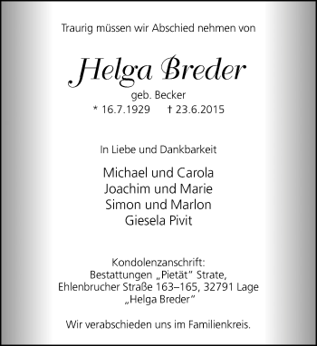 Anzeige  Helga Breder  Lippische Landes-Zeitung