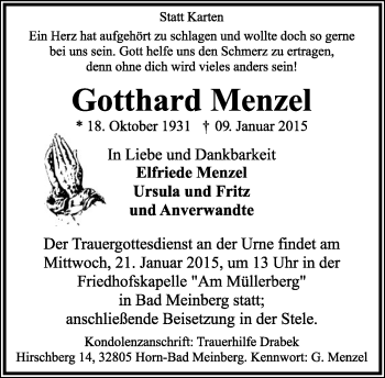 Anzeige  Gotthard Menzel  Lippische Landes-Zeitung