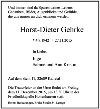 Anzeige  Horst-Dieter Gehrke  Lippische Landes-Zeitung