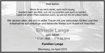 Anzeige  Elfriede Lange  Lippische Landes-Zeitung