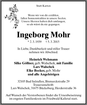 Anzeige  Ingeborg Mohr  Lippische Landes-Zeitung