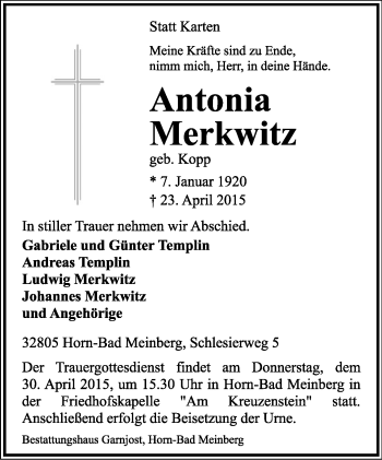 Anzeige  Antonia Merkwitz  Lippische Landes-Zeitung