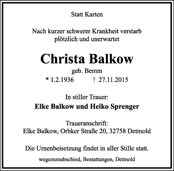 Anzeige  Christa Balkow  Lippische Landes-Zeitung