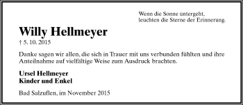 Anzeige  Willy Hellmeyer  Lippische Landes-Zeitung