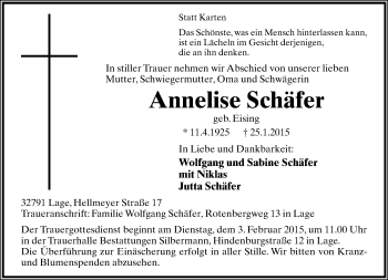 Anzeige  Annelise Schäfer  Lippische Landes-Zeitung