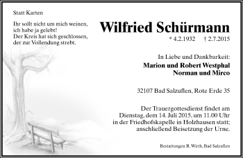 Anzeige  Wilfried Schürmann  Lippische Landes-Zeitung
