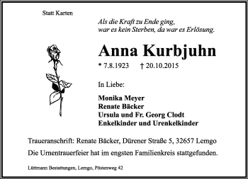 Anzeige  Anna Kurbjuhn  Lippische Landes-Zeitung