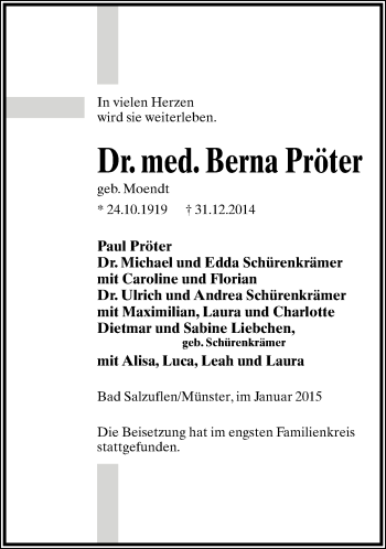 Anzeige  Berna Pröter  Lippische Landes-Zeitung