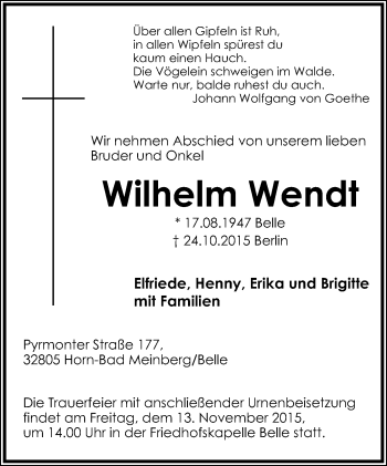 Anzeige  Wilhelm Wendt  Lippische Landes-Zeitung