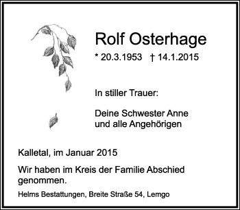 Anzeige  Rolf Osterhage  Lippische Landes-Zeitung