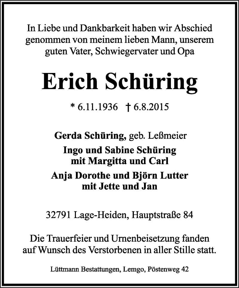  Traueranzeige für Erich Schüring vom 12.08.2015 aus Lippische Landes-Zeitung