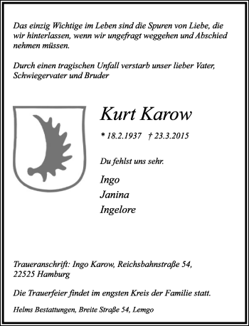 Anzeige  Kurt Karow  Lippische Landes-Zeitung