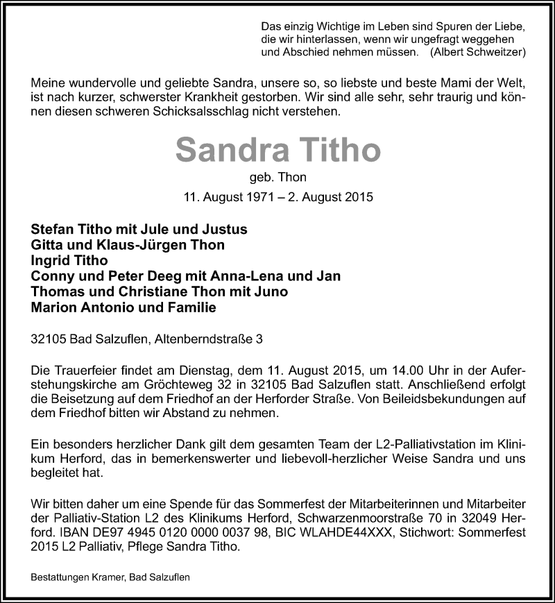 Traueranzeige für Sandra Titho vom 06.08.2015 aus Lippische Landes-Zeitung