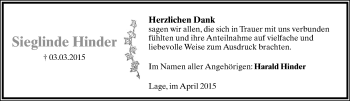 Anzeige  Sieglinde Hinder  Lippische Landes-Zeitung