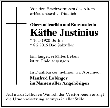 Anzeige  Käthe Justinius  Lippische Landes-Zeitung