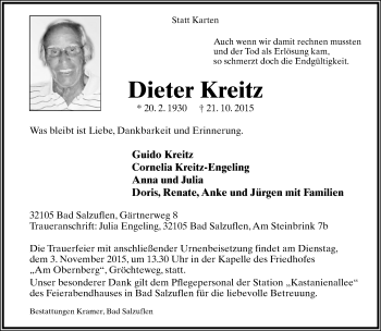 Anzeige  Dieter Kreitz  Lippische Landes-Zeitung