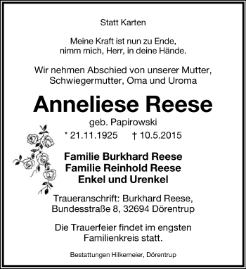 Anzeige  Anneliese Reese  Lippische Landes-Zeitung