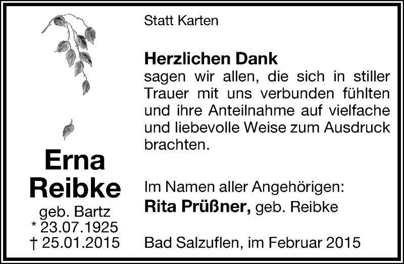  Traueranzeige für Erna Reibke vom 21.02.2015 aus Lippische Landes-Zeitung