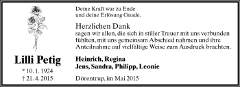 Anzeige  Lilli Petig  Lippische Landes-Zeitung