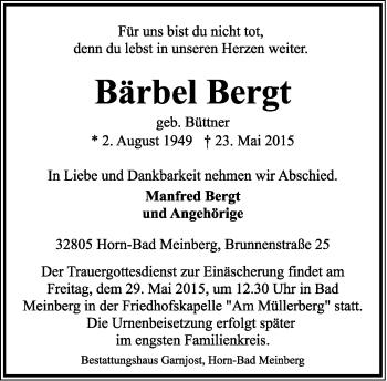 Anzeige  Bärbel Bergt  Lippische Landes-Zeitung
